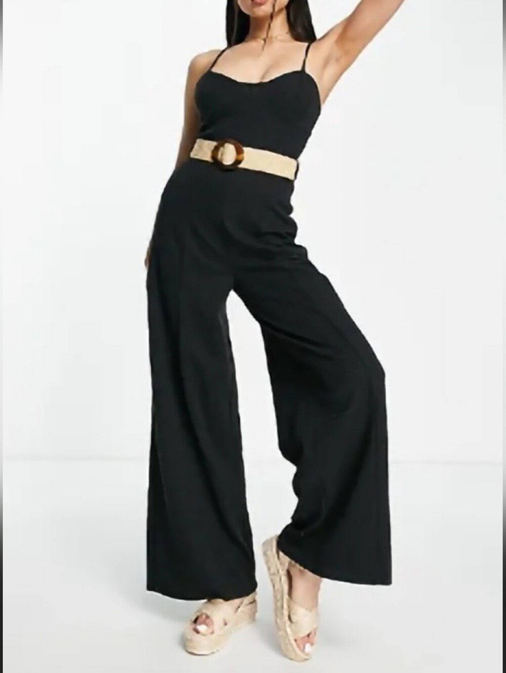 Black Strappy Jumpsuit with Tan Belt